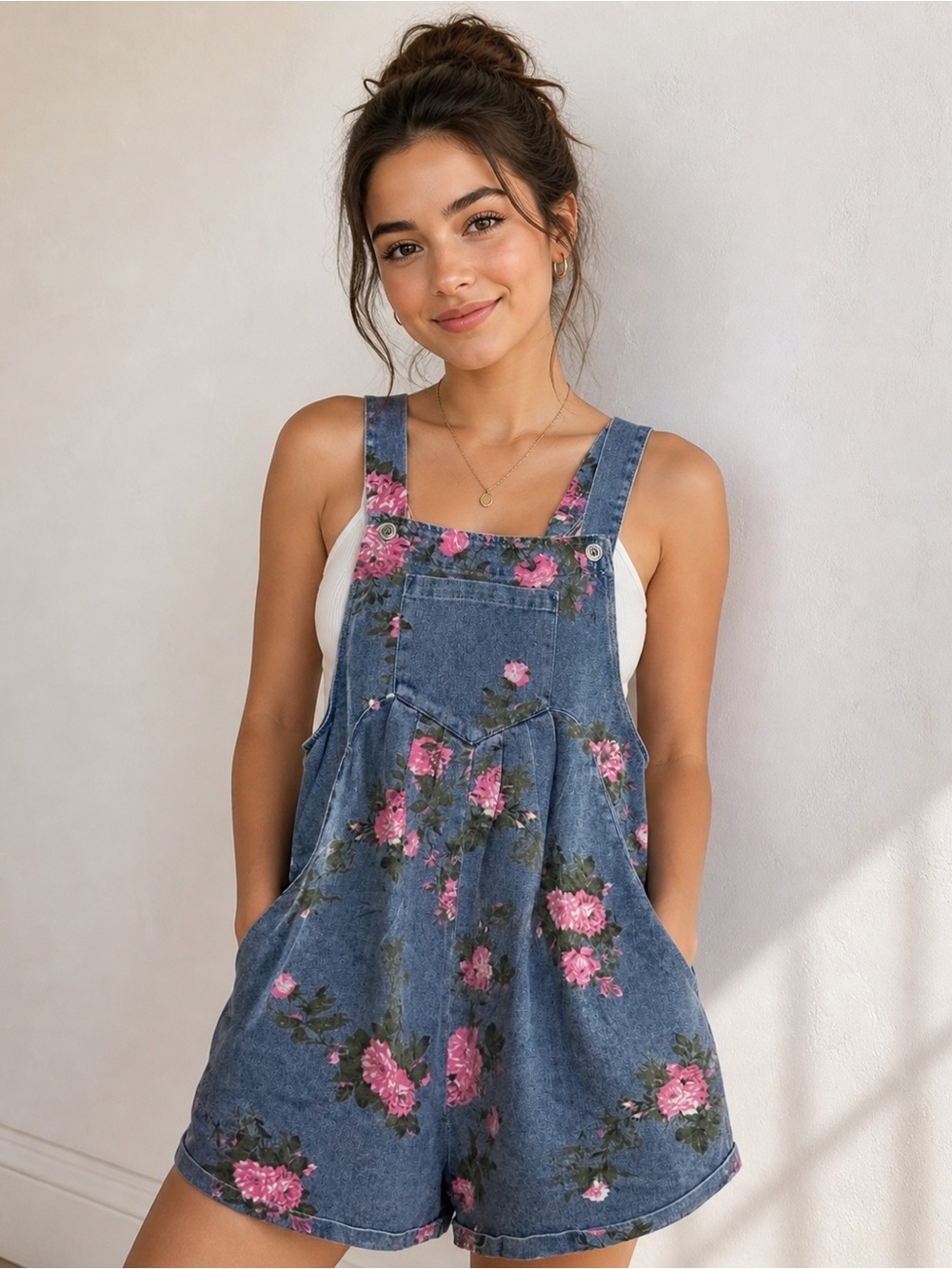 BiBi Floral Denim Overall Shorts NWT S, M,L ,XL 100% Cotton Boutique